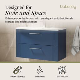 Balterley Wall Hung 2 Drawers Vanity Unit - Curved Basin 800mm, Satin Blue - thumbnail 2