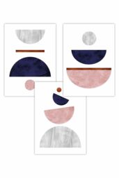 ARTZE Set of 3 Navy, Pink & Grey Abstract Mid Century Geometric Art Posters in Navy - Size: W50 cm x H70 cm - thumbnail 1