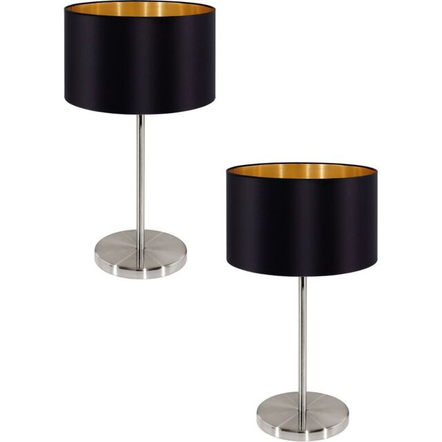 Loops 2 PACK Table Lamp Colour Satin Nickel Steel Shade Black Gold Fabric E27 1x60W in Metallics - image 1