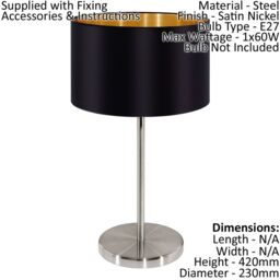 Loops 2 PACK Table Lamp Colour Satin Nickel Steel Shade Black Gold Fabric E27 1x60W in Metallics - thumbnail 2