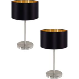 Loops 2 PACK Table Lamp Colour Satin Nickel Steel Shade Black Gold Fabric E27 1x60W in Metallics - thumbnail 1