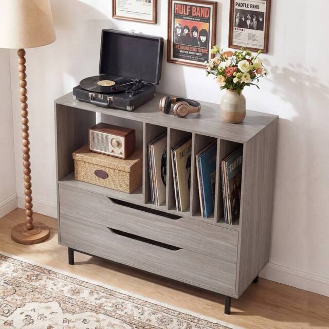 VOGREX Record Storage Cabinet Retro Vinyl Holder with Solid Metal Legs in Grey - image 1
