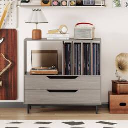 VOGREX Record Storage Cabinet Retro Vinyl Holder with Solid Metal Legs in Grey - thumbnail 4