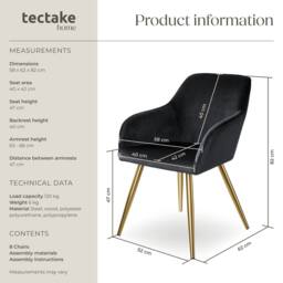 tectake Accent Chair Marilyn Set Of 8 - Black/Gold in Black - Size: 8 Pack - thumbnail 6
