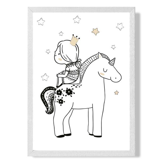 ARTZE Scandi Princess Little Sitting on Unicorn Framed Print SIZE: A3 with White Frame in Black - Size: A2 - image 1