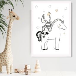 ARTZE Scandi Princess Little Sitting on Unicorn Framed Print SIZE: A3 with White Frame in Black - Size: A2 - thumbnail 2