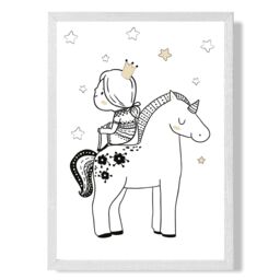 ARTZE Scandi Princess Little Sitting on Unicorn Framed Print SIZE: A3 with White Frame in Black - Size: A2 - thumbnail 1