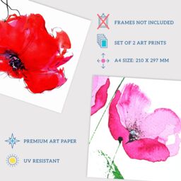 Artery8 Wall Art Print Pack of 2 A4 Pink & Red Poppy Flowers Delicate Watercolour Bloom Floral Botanical Aesthetic Living Room s Set - thumbnail 4
