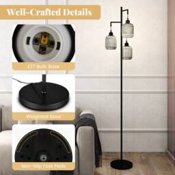 Costway 3-Light Floor Lamp Farmhouse 173CM Standing Tree Lamp w/ Foot Switch in Black - thumbnail 9