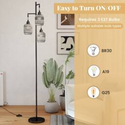 Costway 3-Light Floor Lamp Farmhouse 173CM Standing Tree Lamp w/ Foot Switch in Black - thumbnail 6