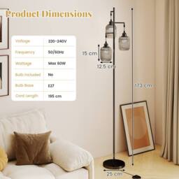 Costway 3-Light Floor Lamp Farmhouse 173CM Standing Tree Lamp w/ Foot Switch in Black - thumbnail 2