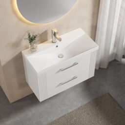 Balterley Wall Hung 2 Drawers Vanity Unit - Thin-Edge Basin 800mm, Satin White - thumbnail 3