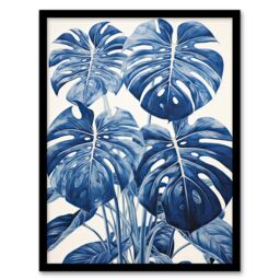 Artery8 Wall Art Print Monstera Plant Leaves Detailed Blue Pencil Drawing Framed - Size: A4 - thumbnail 1
