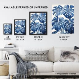 Artery8 Wall Art Print Monstera Plant Leaves Detailed Blue Pencil Drawing Framed - Size: A4 - thumbnail 3