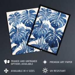Artery8 Wall Art Print Monstera Plant Leaves Detailed Blue Pencil Drawing Framed - Size: A4 - thumbnail 2
