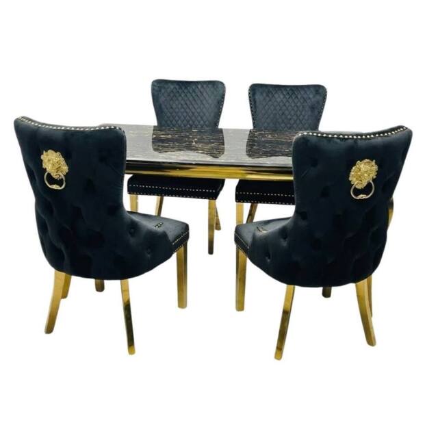 HOME LUXE INTERIOR Sofia 1.5m Black & Gold Marble Table & 4 Victoria Black Lion Chairs - image 1
