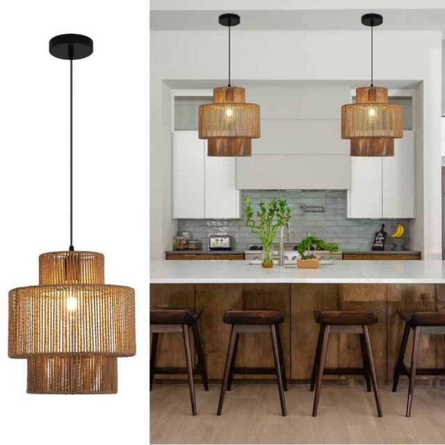 NIVOR Natural Boho Woven Rattan Pendant Light with Adjustable E27 Chandelier in Light Brown - image 1