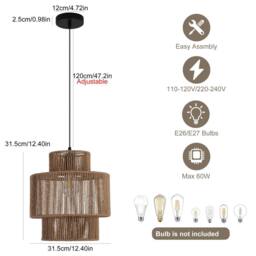 NIVOR Natural Boho Woven Rattan Pendant Light with Adjustable E27 Chandelier in Light Brown - thumbnail 2