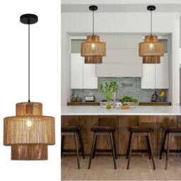 NIVOR Natural Boho Woven Rattan Pendant Light with Adjustable E27 Chandelier in Light Brown