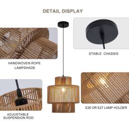 NIVOR Natural Boho Woven Rattan Pendant Light with Adjustable E27 Chandelier in Light Brown - thumbnail 7