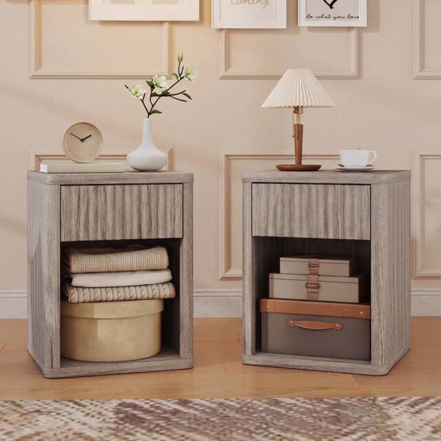 HOMCOM Modern Nightstand with Drawer & Open Shelf, Set of 2, Oak in Grey - image 1