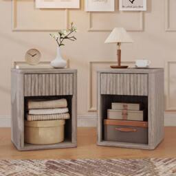 HOMCOM Modern Nightstand with Drawer & Open Shelf, Set of 2, Oak in Grey - thumbnail 1