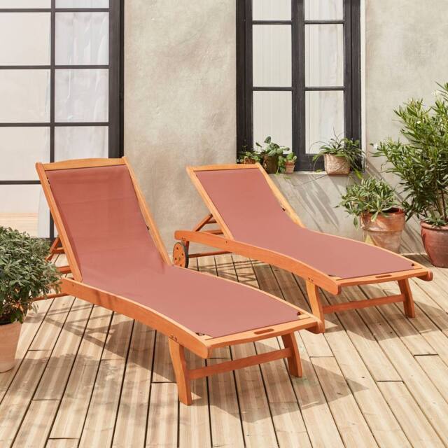 sweeek Pair Of Wooden & Textilene Sun Loungers in Terracotta - image 1