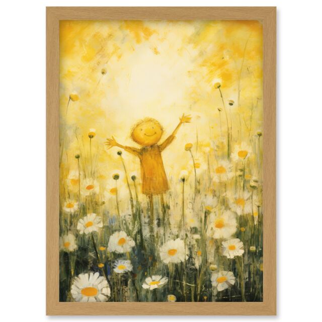 Artery8 Wall Art Print Sunshine Happiness & Flowers Everywhere Simple Kids Bedroom Nursery Artwork Framed A4 in Light Oak - image 1