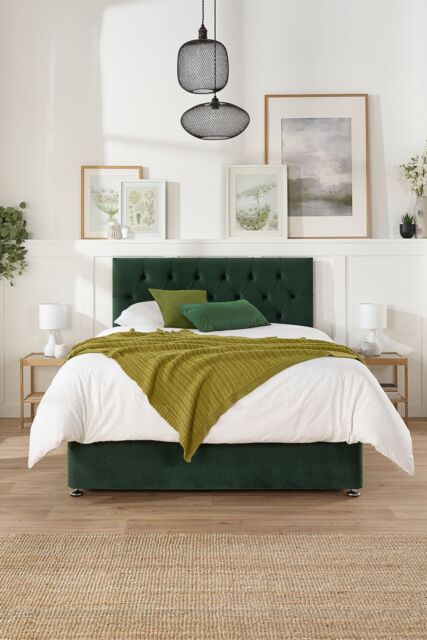 Aspire Olivier Divan, Plush Fabric, Strutted Headboard, 2 Drawers in Emerald - Size: Single - image 1