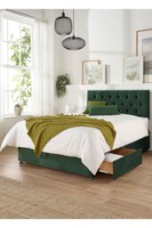 Aspire Olivier Divan, Plush Fabric, Strutted Headboard, 2 Drawers in Emerald - Size: Single - thumbnail 2