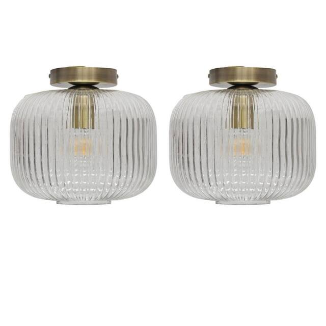 First Choice Lighting Set of 2 Batley Large - Ribbed Glass Antique Brass Ceiling Lights in Clear - image 1