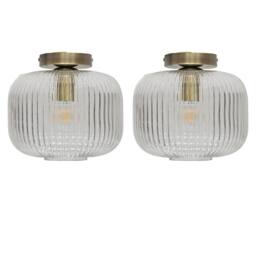 First Choice Lighting Set of 2 Batley Large - Ribbed Glass Antique Brass Ceiling Lights in Clear - thumbnail 1