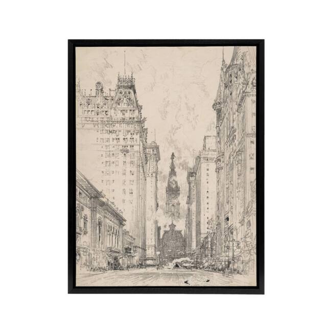 "Artery8 Joseph Pennell Broad Street View Pencil Cityscape Framed Canvas Art in Grey - Size: W12"" x H16""" - image 1