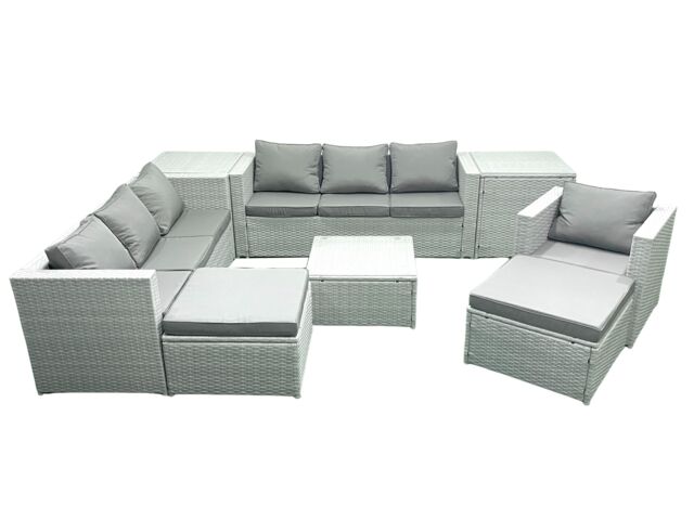 Fimous Wicker PE Rattan Sofa Garden Furniture Set with Armchair Square Coffee Table 2 Big Footstools 2 Side Tables Light Grey Mixed - image 1