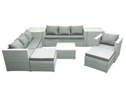 Fimous Wicker PE Rattan Sofa Garden Furniture Set with Armchair Square Coffee Table 2 Big Footstools 2 Side Tables Light Grey Mixed - thumbnail 1
