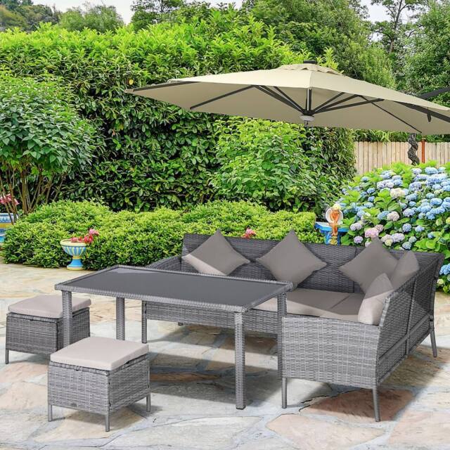 OUTSUNNY 5Pcs Rattan Dining Set Garden Furniture Set with Sofa Coffee Table Footstool in Beige - image 1