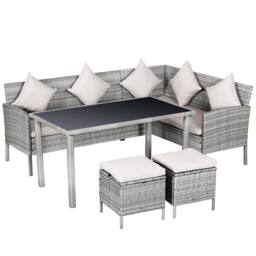 OUTSUNNY 5Pcs Rattan Dining Set Garden Furniture Set with Sofa Coffee Table Footstool in Beige - thumbnail 2