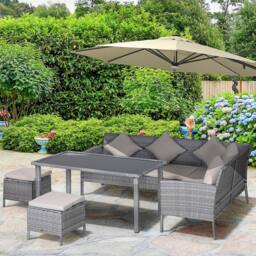 OUTSUNNY 5Pcs Rattan Dining Set Garden Furniture Set with Sofa Coffee Table Footstool in Beige - thumbnail 1