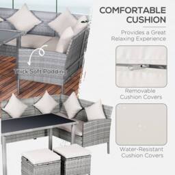 OUTSUNNY 5Pcs Rattan Dining Set Garden Furniture Set with Sofa Coffee Table Footstool in Beige - thumbnail 6
