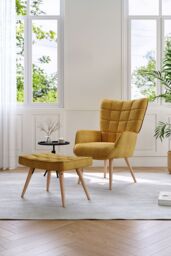 Living and Home Yellow Linen Upholstered Armchair with Footstool - thumbnail 2