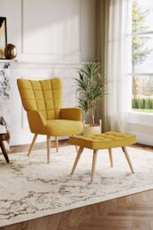 Living and Home Yellow Linen Upholstered Armchair with Footstool - thumbnail 1
