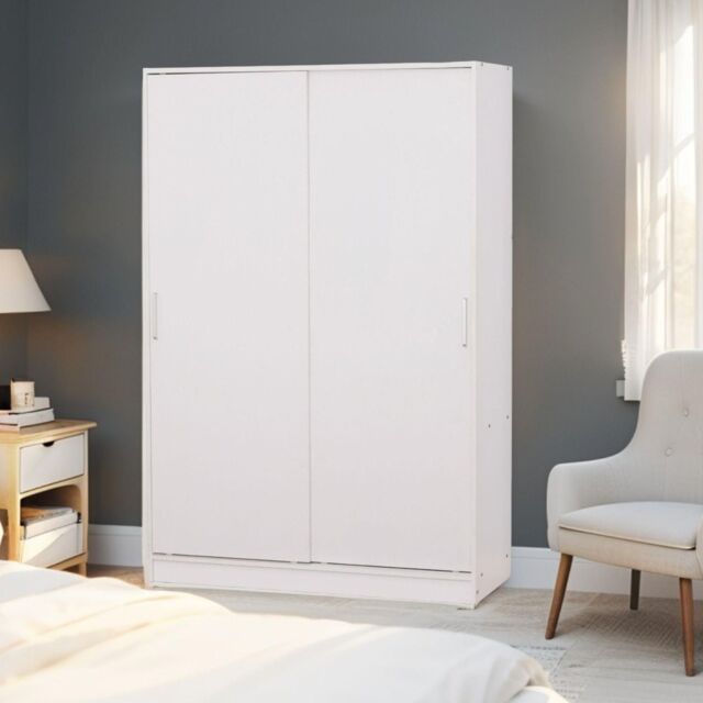 Home Source Raya Wardrobe Two Sliding Doors Hanging Rail Storage Solution White - image 1