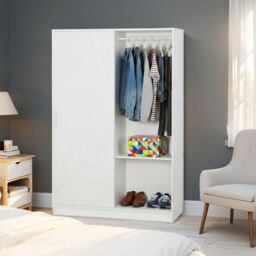 Home Source Raya Wardrobe Two Sliding Doors Hanging Rail Storage Solution White - thumbnail 2