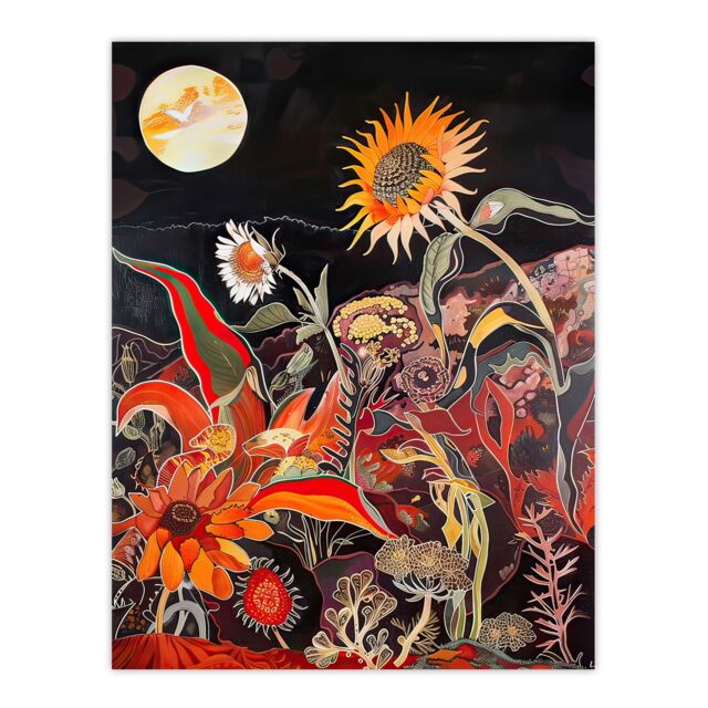 "Artery8 Trippy Sunflowers at Sunset Design Psychedelic Wall Art Print in Orange - Size: W12"" x H16""" - image 1