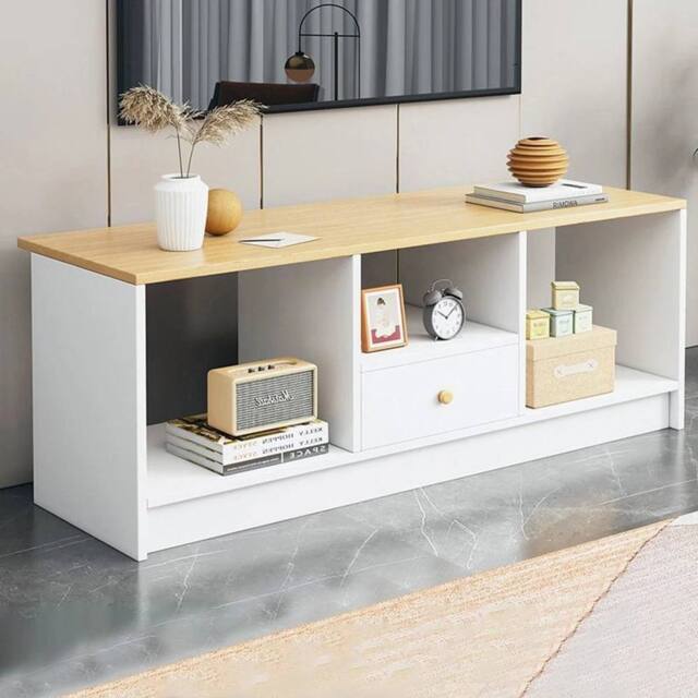 EONLION Wooden TV Stand Media Console Storage Shelf in White - Size: 100 cm - image 1