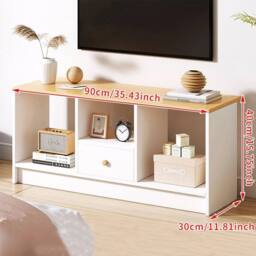 EONLION Wooden TV Stand Media Console Storage Shelf in White - Size: 100 cm - thumbnail 2