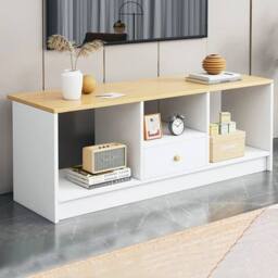 EONLION Wooden TV Stand Media Console Storage Shelf in White - Size: 100 cm - thumbnail 1