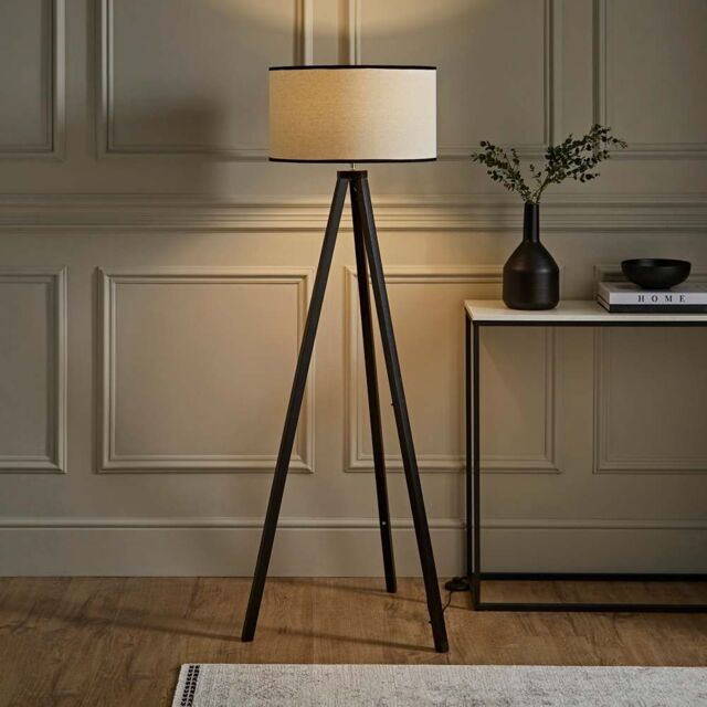 ValueLights Barbro Black Wood Tripod Floor Lamp with Linen Trim Shade & Bulb - image 1