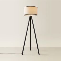 ValueLights Barbro Black Wood Tripod Floor Lamp with Linen Trim Shade & Bulb - thumbnail 3