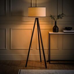 ValueLights Barbro Black Wood Tripod Floor Lamp with Linen Trim Shade & Bulb - thumbnail 2